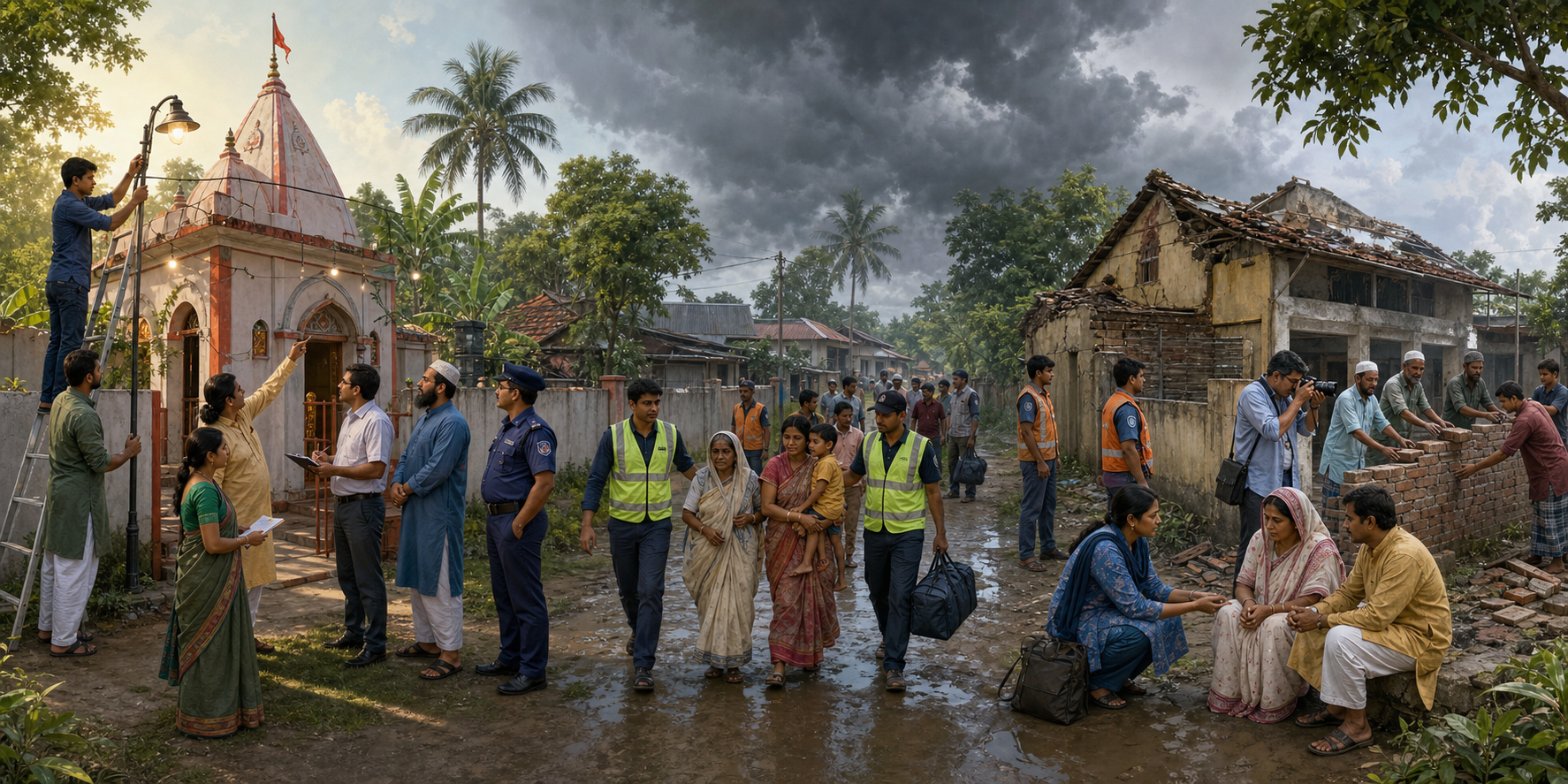 Residents, officials, and responders prepare a temple, protect families during a threat, and support recovery afterward.