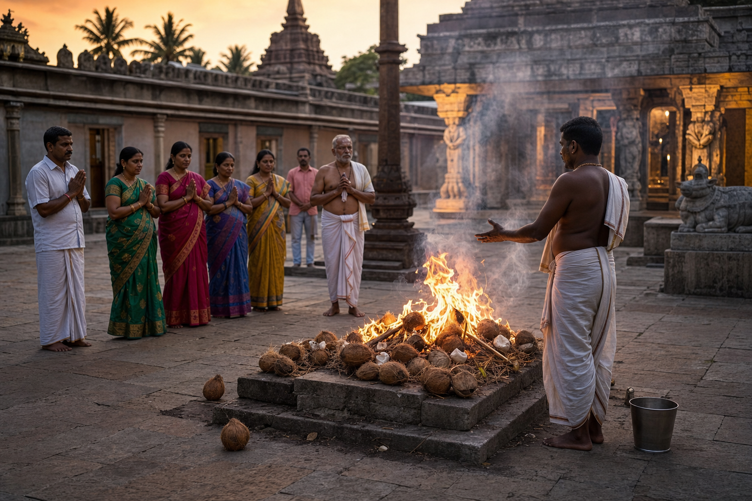Devotees stand respectfully around a contained fire where whole coconuts are being offered in a temple courtyard in Nayakanahatti.