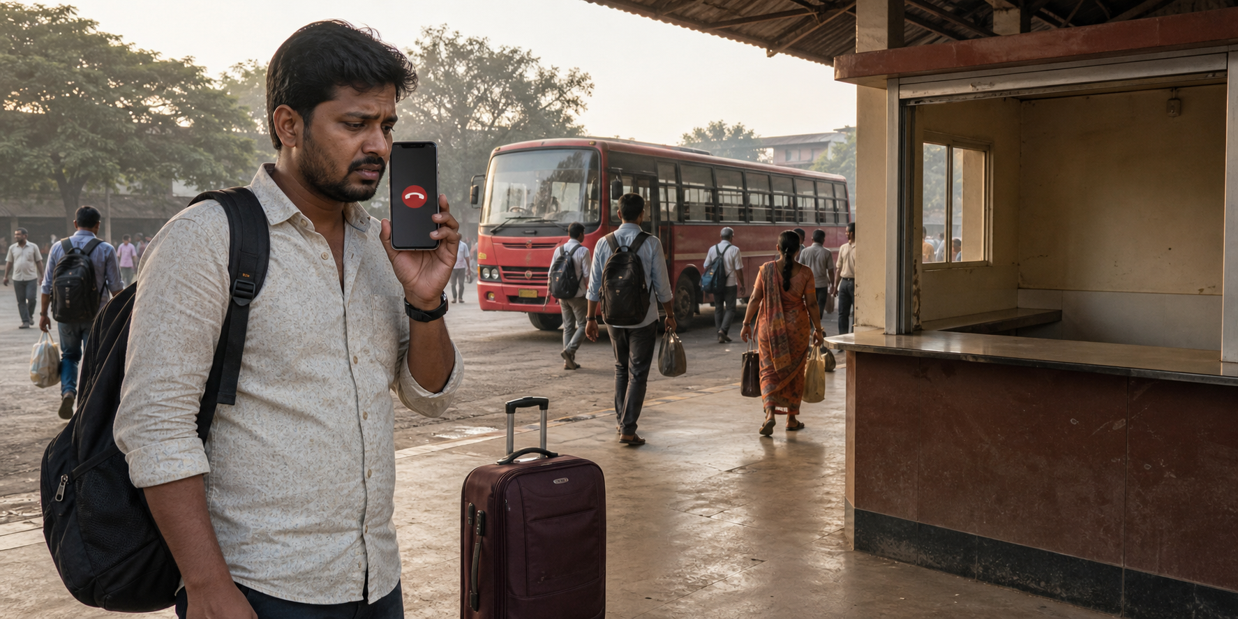A passenger holds a phone at a Maharashtra bus depot while an unbranded red-and-cream bus and an unattended help counter appear behind him.