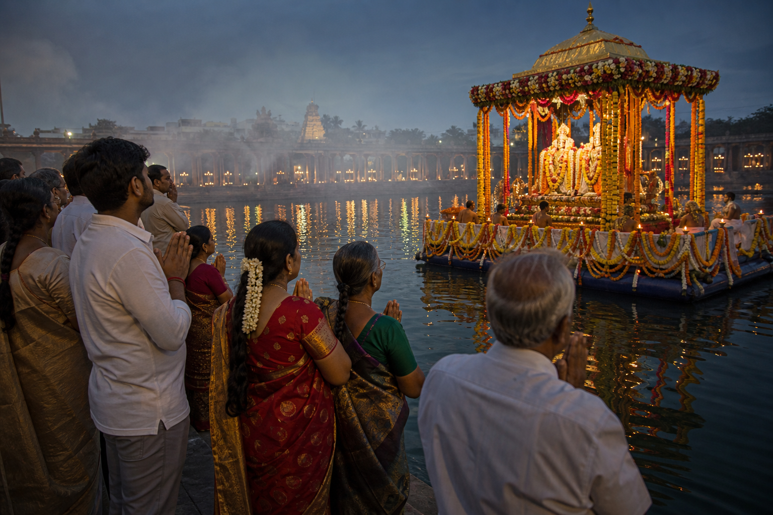 Devotees with folded hands receive darshan as an illuminated deity float moves across the temple tank.