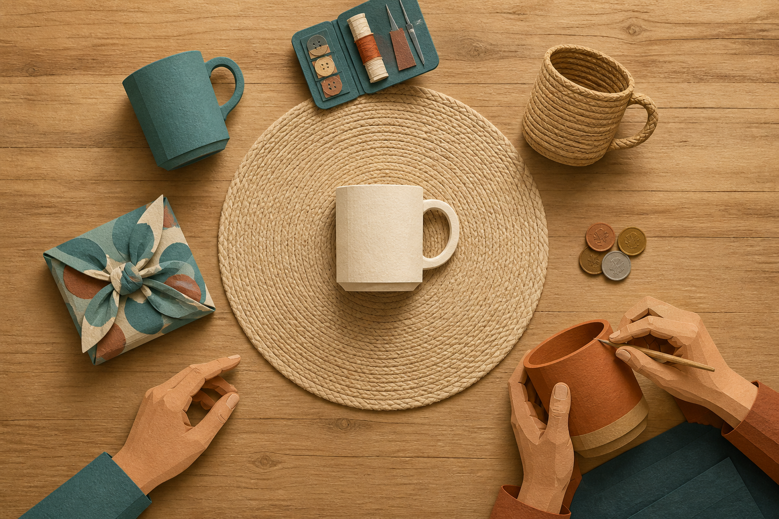 An overhead arrangement shows a household object surrounded by an existing alternative, repair tools, coins, reusable cloth, and a craftsperson's hands.