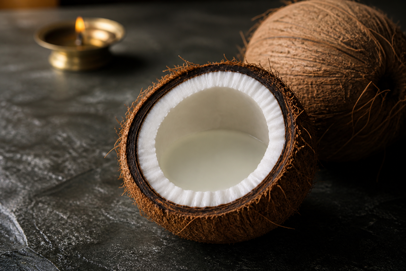 An opened coconut displays its fibrous husk, hard shell, white flesh, and clear water beside a whole coconut.