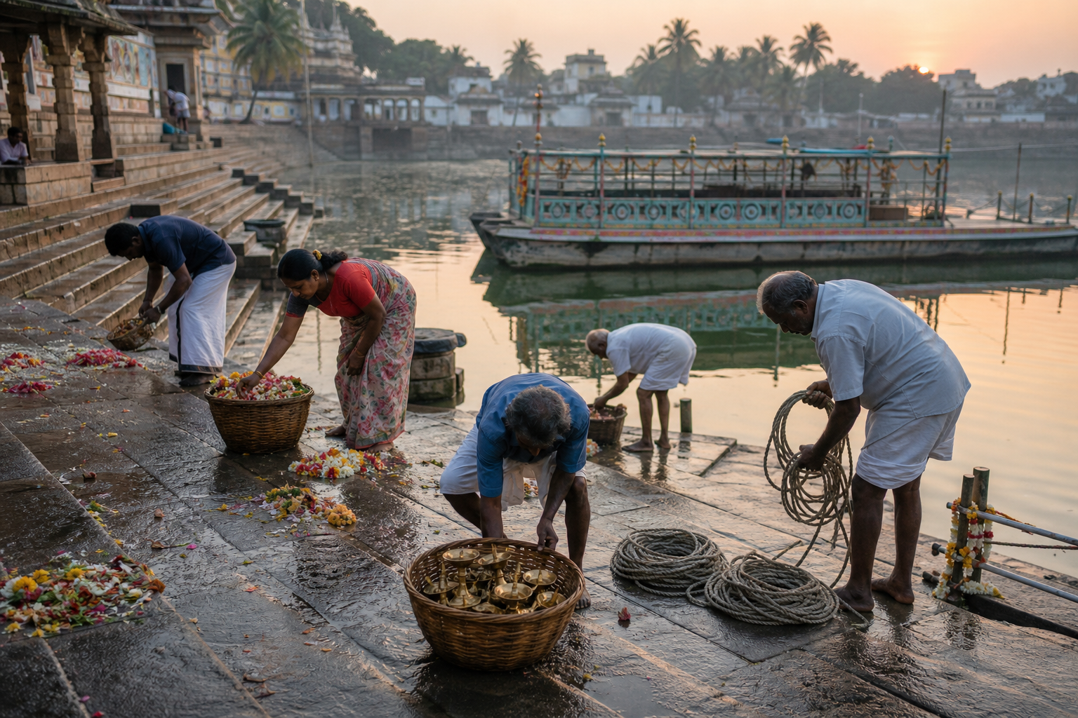 Temple workers and volunteers clean the pushkarini steps and organize lamps and decorations at dawn after the float ceremony.