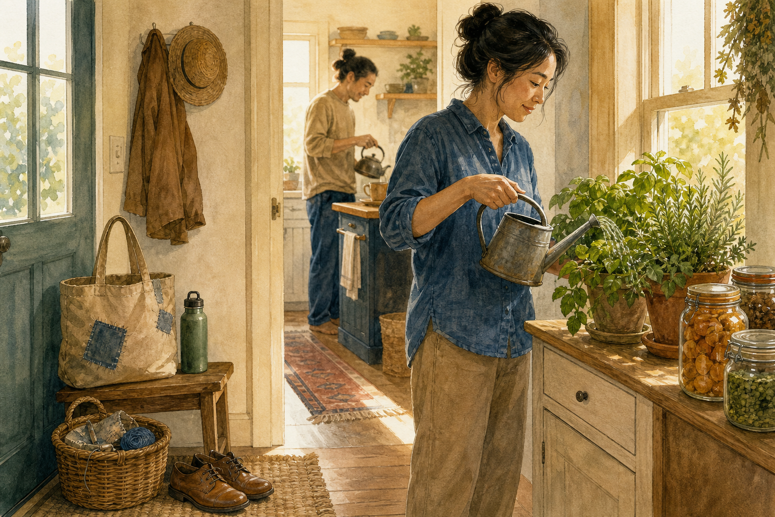 A person waters herbs in an orderly home with a repaired tote, reusable bottle, mending basket, maintained shoes, food jars, and a phone stored in a drawer.