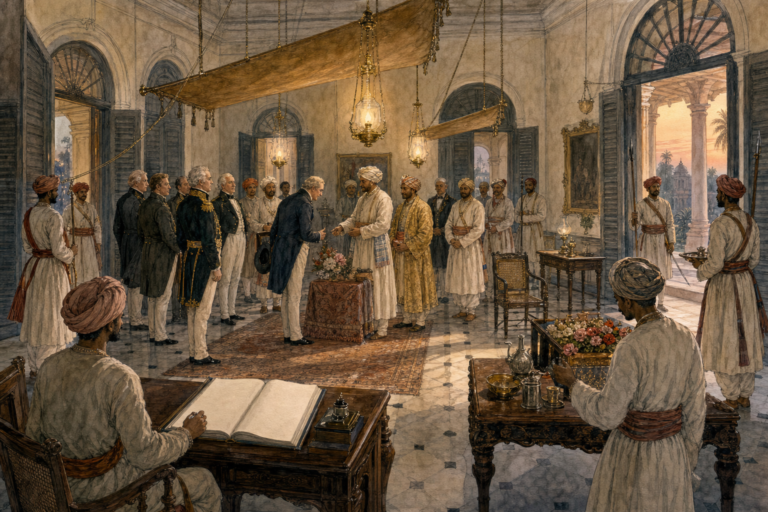 Officials, Indian envoys, interpreters, clerks and attendants take arranged positions around an aristocratic guest during a formal reception in a government residence.