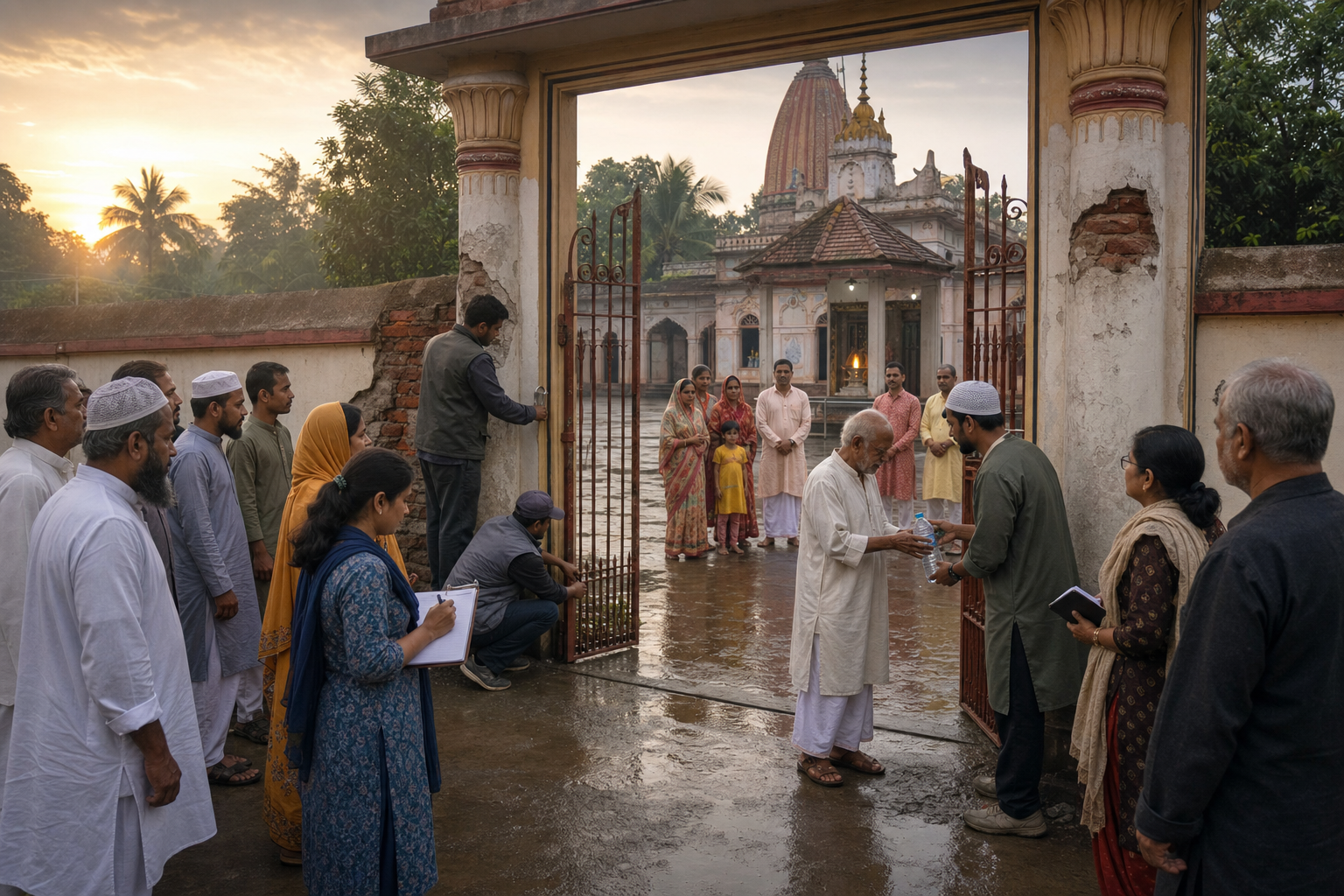 Hindu families and supportive neighbors gather peacefully as volunteers document damage and repair a temple gate.