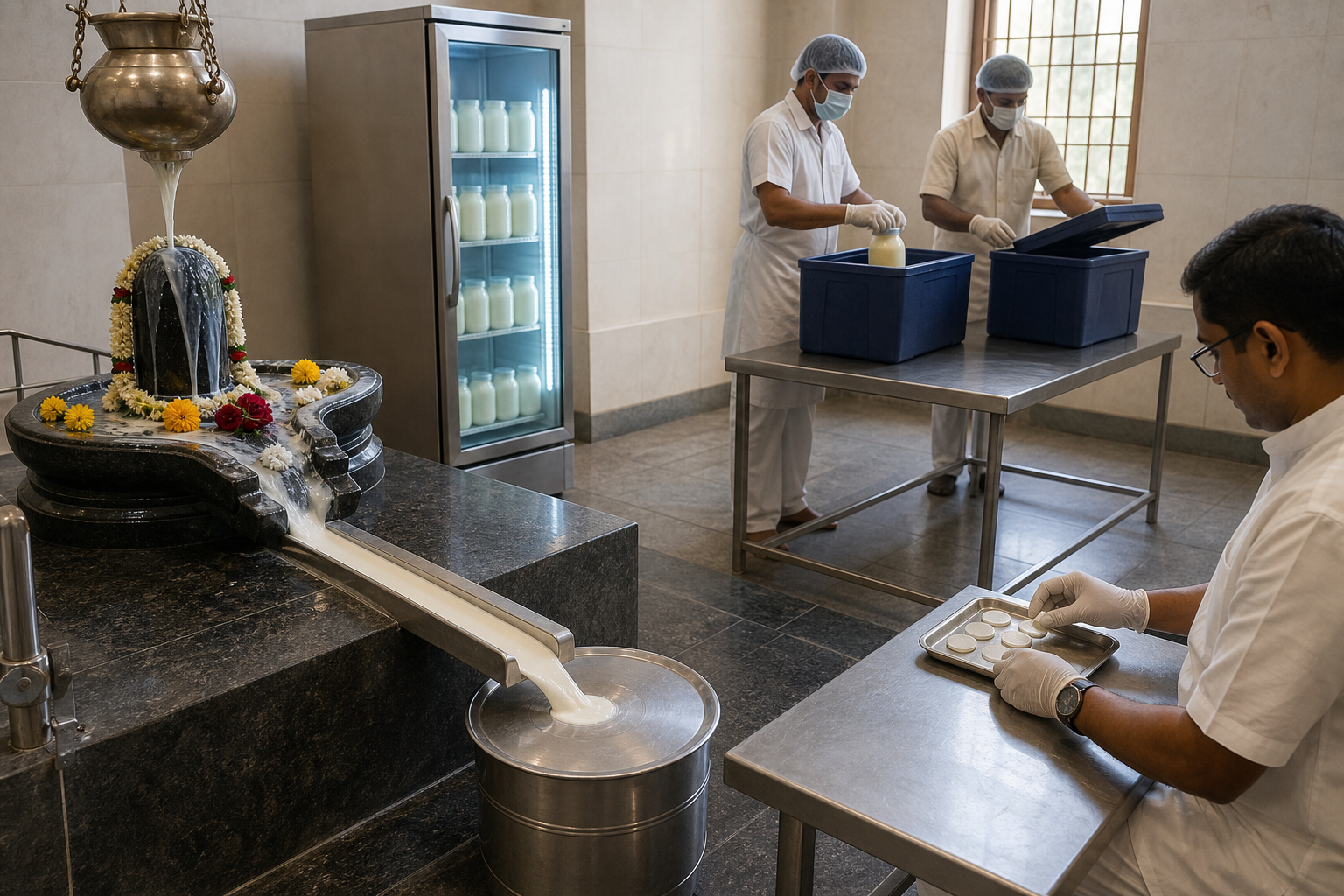 A temple uses separate clean areas to collect ritual milk, refrigerate sealed milk, and prepare untouched containers for redistribution.