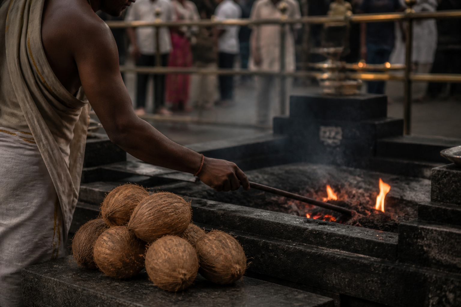 Whole coconuts sit beside a contained ritual fire as a temple attendant guides the offering process.