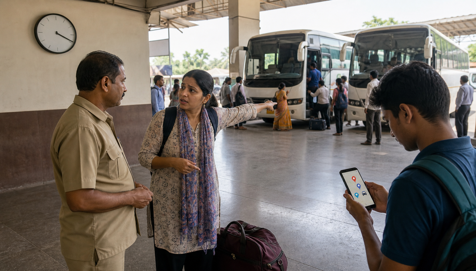 A traveler confirms bus information with depot staff while another passenger checks a phone near two waiting buses.