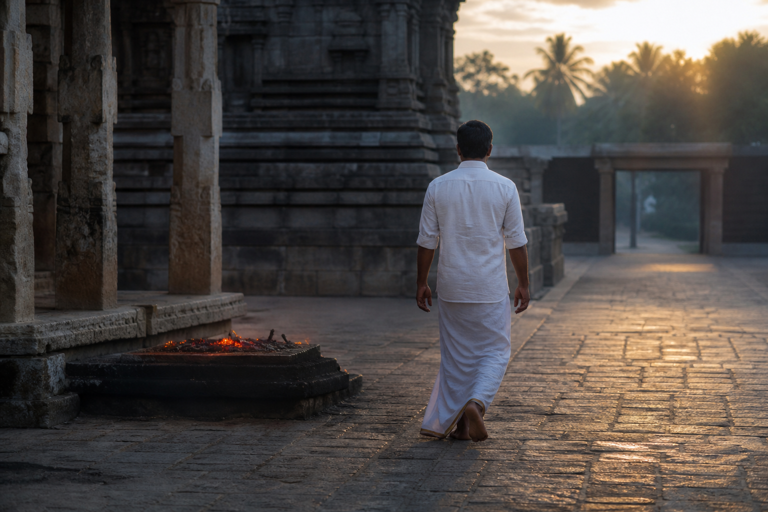A devotee walks from a temple courtyard at dawn while the ceremonial fire fades to embers behind them.