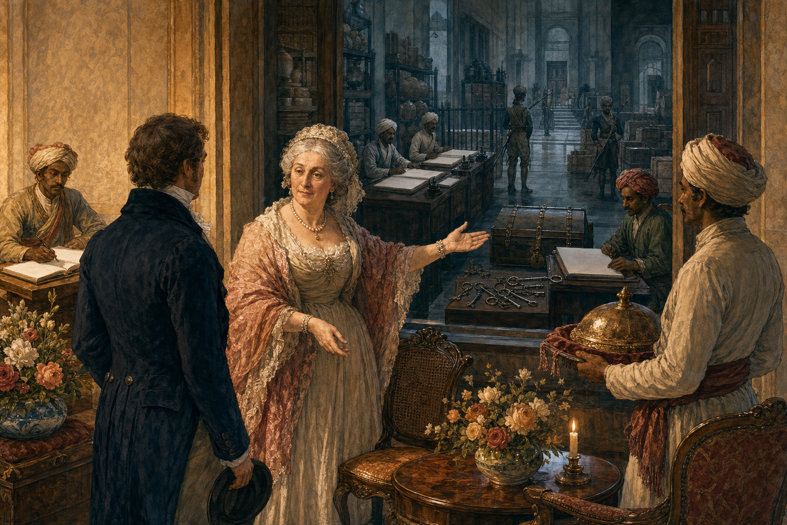 An elderly matron welcomes an aristocratic guest at a doorway while clerks, guards, chests and administrative rooms fill the warehouse-palace behind her.