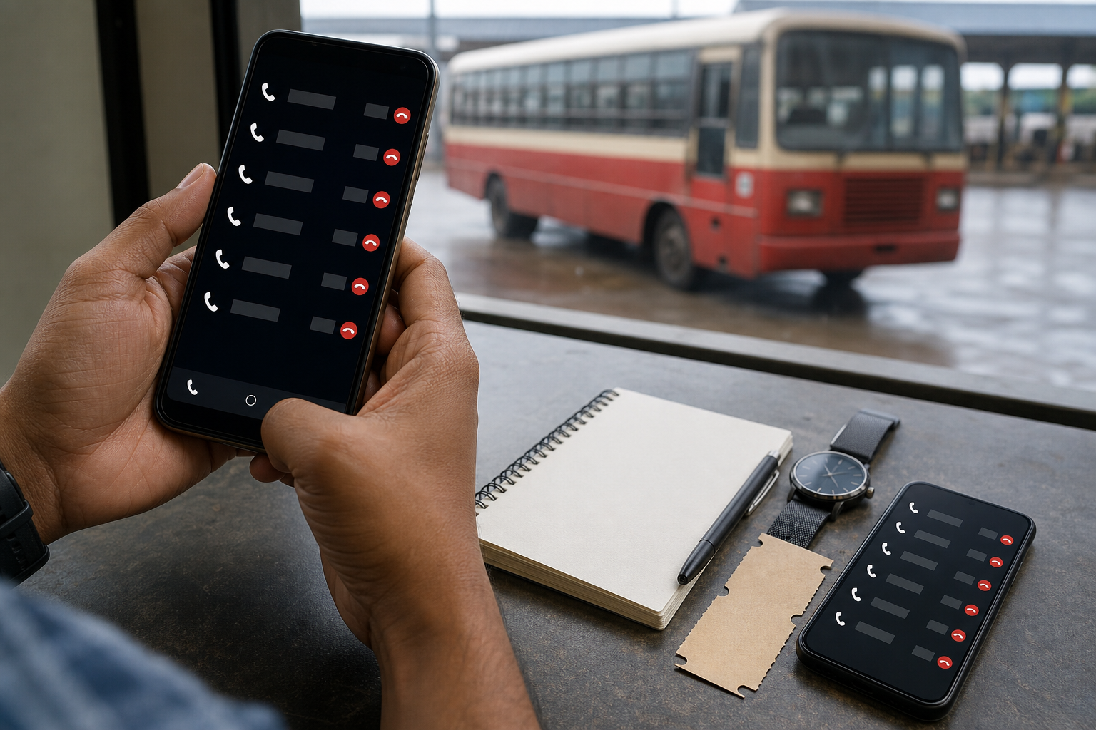 Hands document repeated failed calls on a smartphone beside a watch, blank notebook, pen, and unprinted bus ticket.