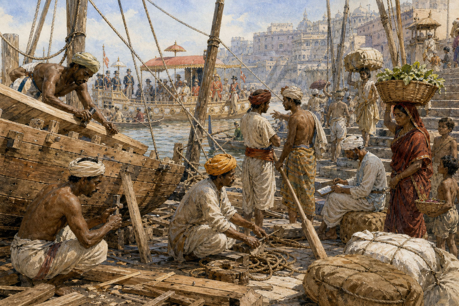 Indian boatbuilders, pilots, oarsmen, merchants and vendors work at a river ghat while a ceremonial colonial arrival takes place in the distance.