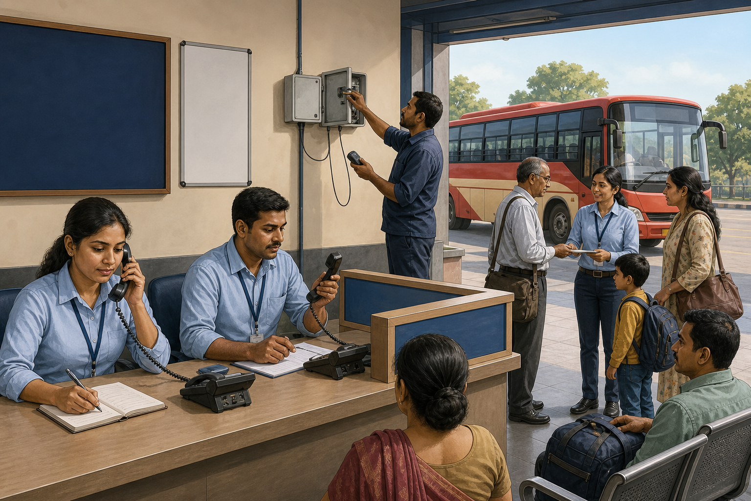 Depot staff answer and test helpline phones while a technician checks the connection and passengers receive assistance.
