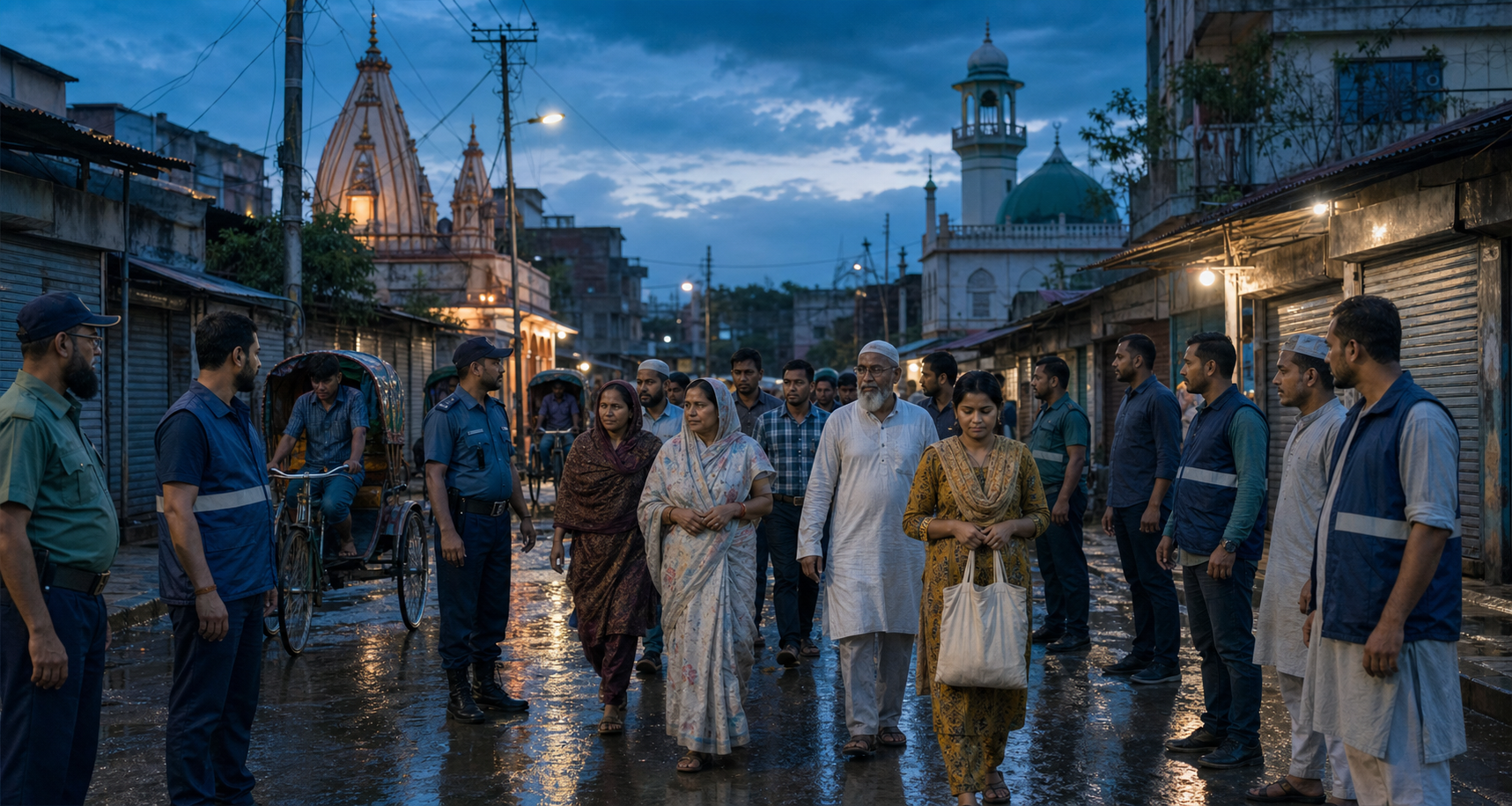Bangladeshi residents walk through a corridor formed by community volunteers and public-safety officers in a neighborhood containing a temple and a mosque.