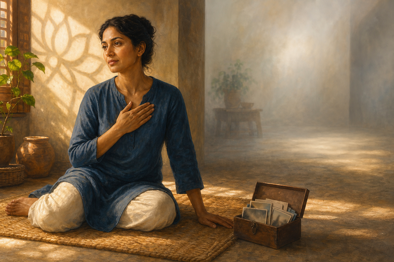 An adult sits on a woven mat with one hand on the heart and one touching the floor beside a box of indistinct family photographs.