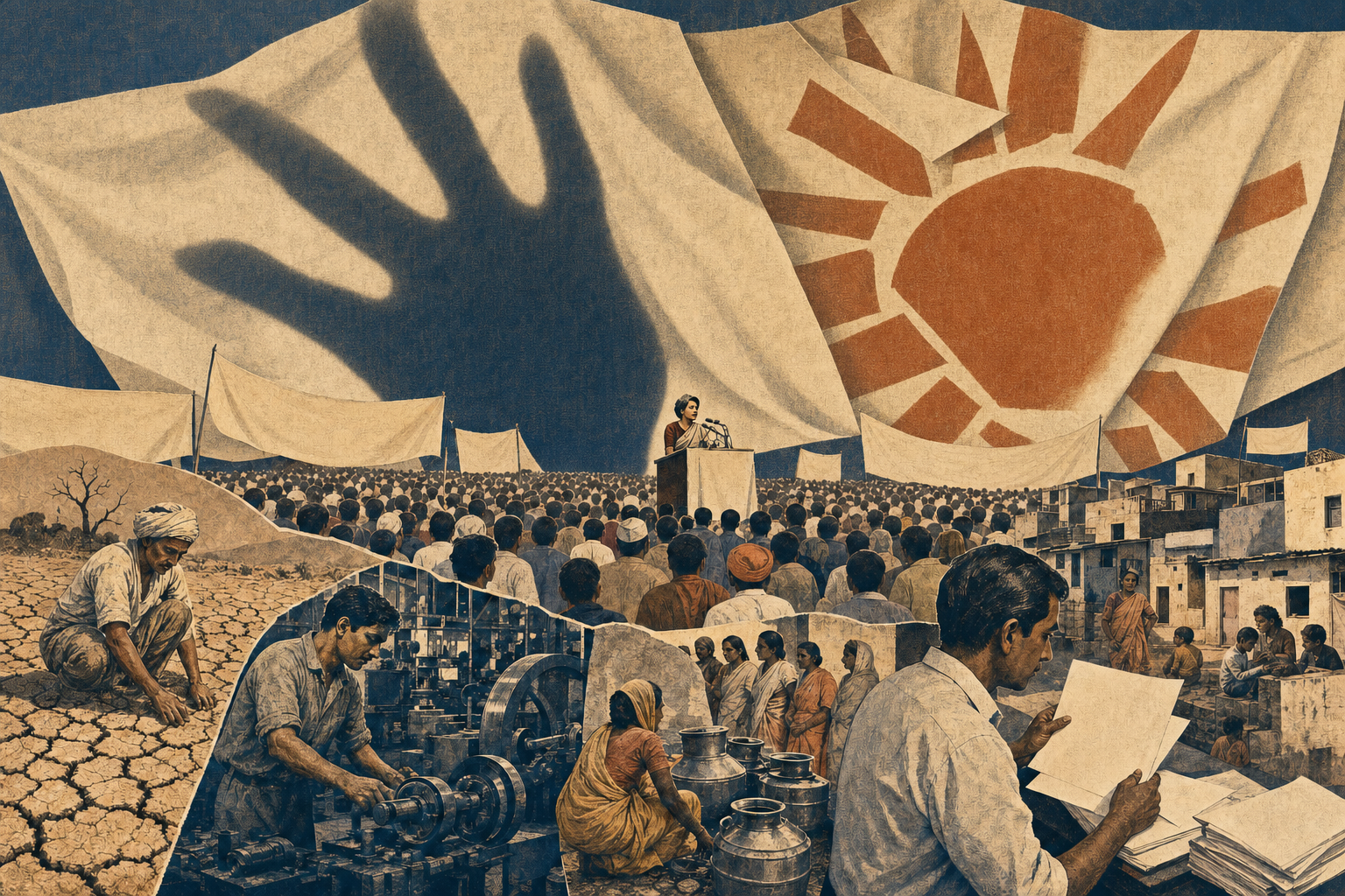 Large generic symbolic shapes hover over a political rally while smaller scenes show farmers, workers, women carrying water and residents near modest homes.