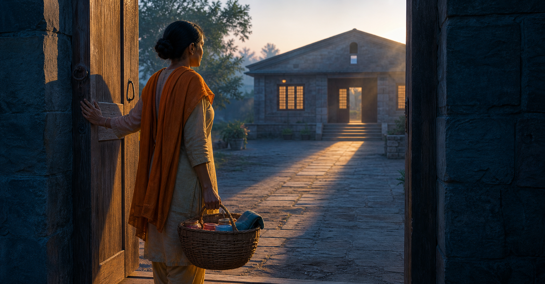 A person holding a basket of supplies pauses at an open courtyard doorway as dawn light illuminates the path ahead.