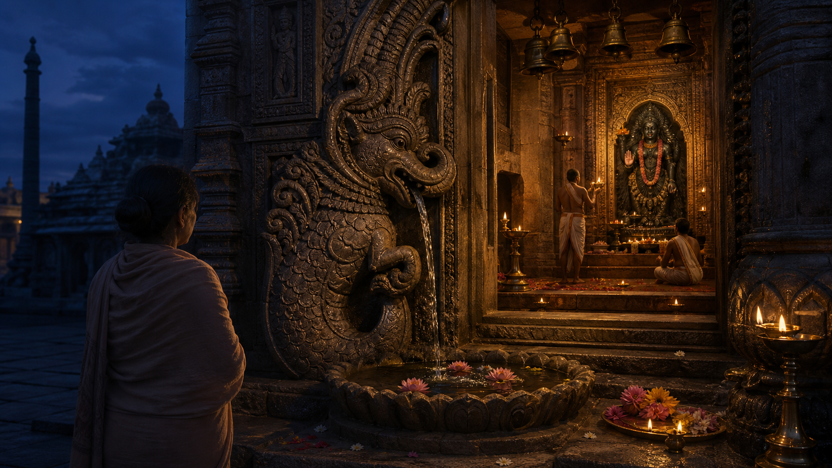 A visitor looks through a stone temple threshold decorated with a Makara toward a lamp-lit image of Kali, with water, lotus flowers, bells, and offerings connecting the scene.