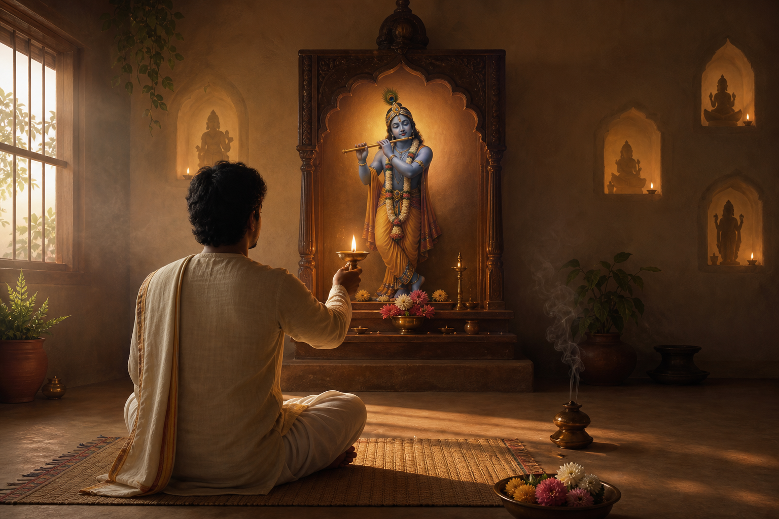 A devotee offers an oil lamp before a central blue, flute-bearing sacred figure while other shrines remain softly visible around the room.