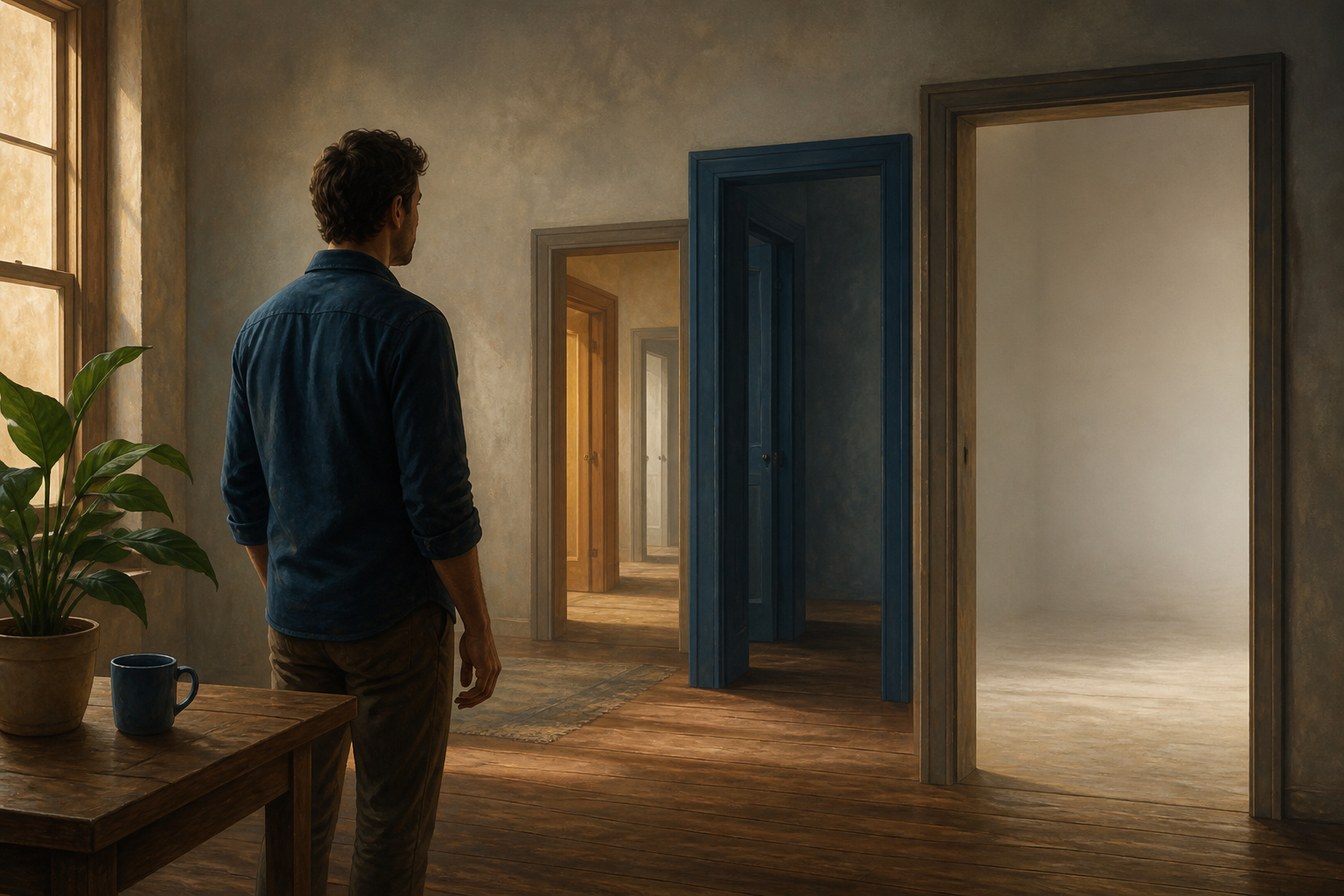 An adult stands near a solid table and plant while a series of translucent doorways fades into an indistinct passage behind them.