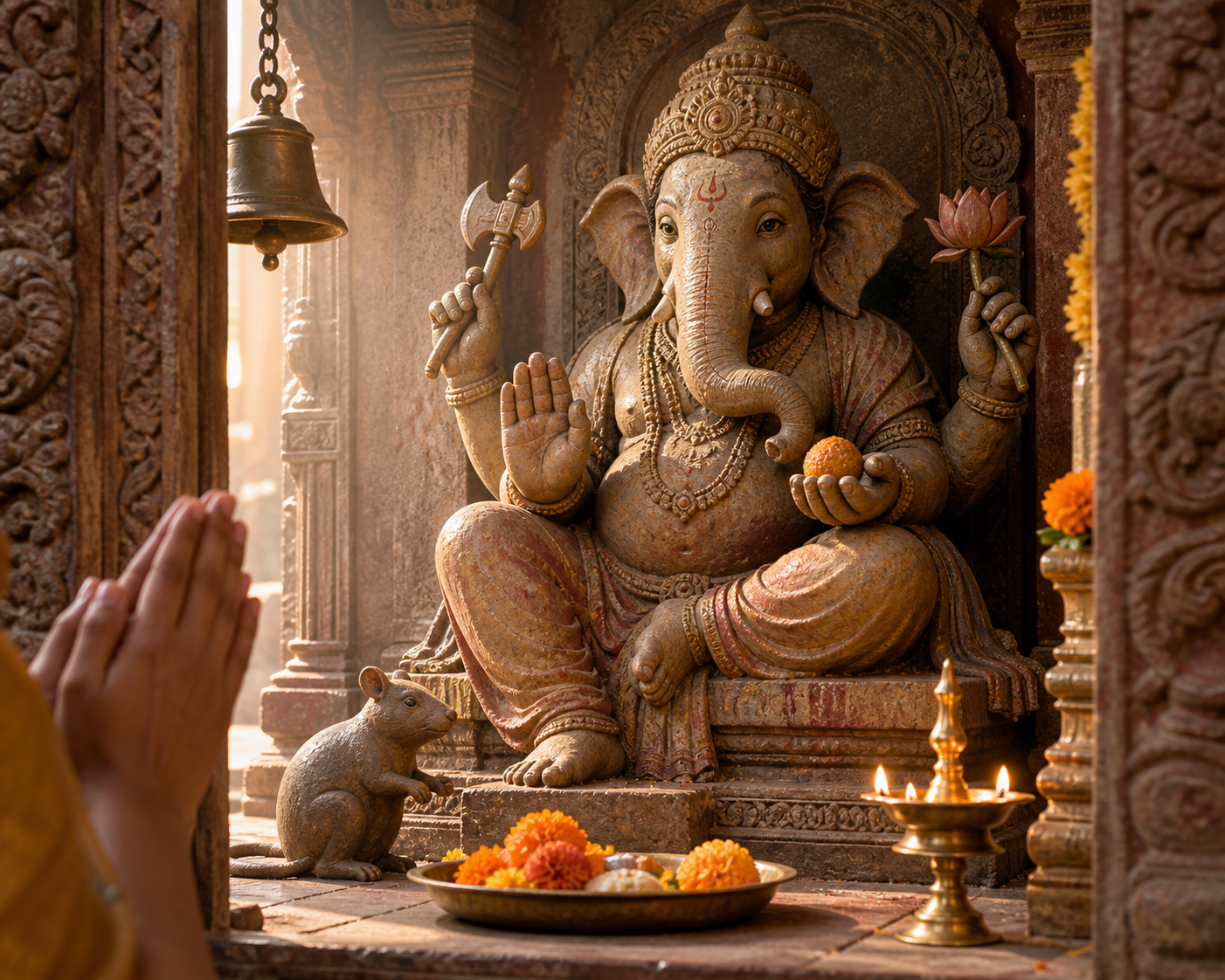 A four-armed stone Ganesha sits in a temple niche with a raised open palm, a sweet, an axe, and a lotus, while a mouse, flowers, a lamp, and a devotee appear nearby.