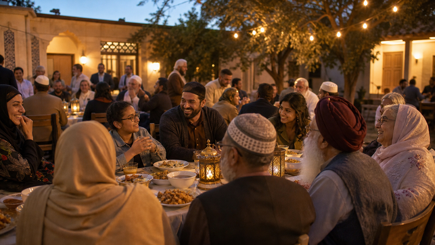 Neighbors from different faith and cultural backgrounds share food and conversation at long tables in a lantern-lit courtyard celebration.