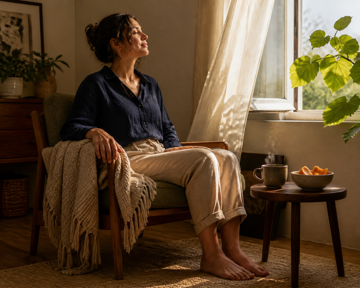 An adult grounds themself in a chair using a leafy plant, woven blanket, warm drink, sliced orange, and air from an open window.