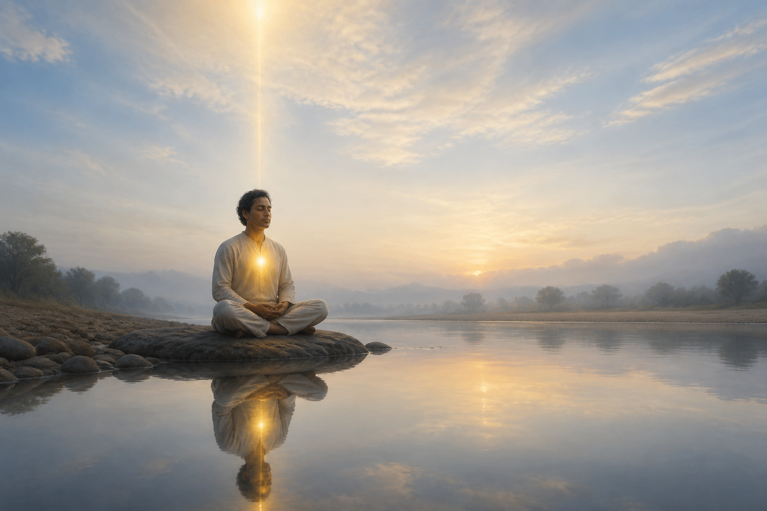 A person meditates beside a still river with their reflection in the water and a golden light glowing at the heart.