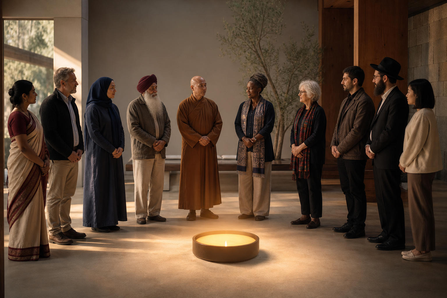 A diverse group stands in a semicircle around a shared pool of warm light while retaining distinct clothing and identities.