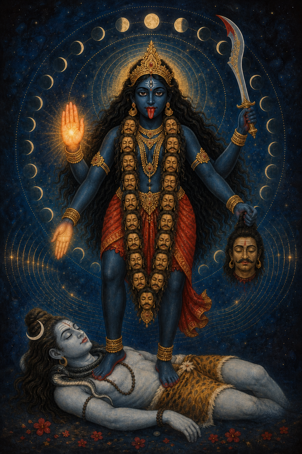 Kali stands on the reclining Shiva with loose hair, four arms, a curved sword, a severed head, a garland of heads, and one palm raised outward, surrounded by moon phases and golden rings.
