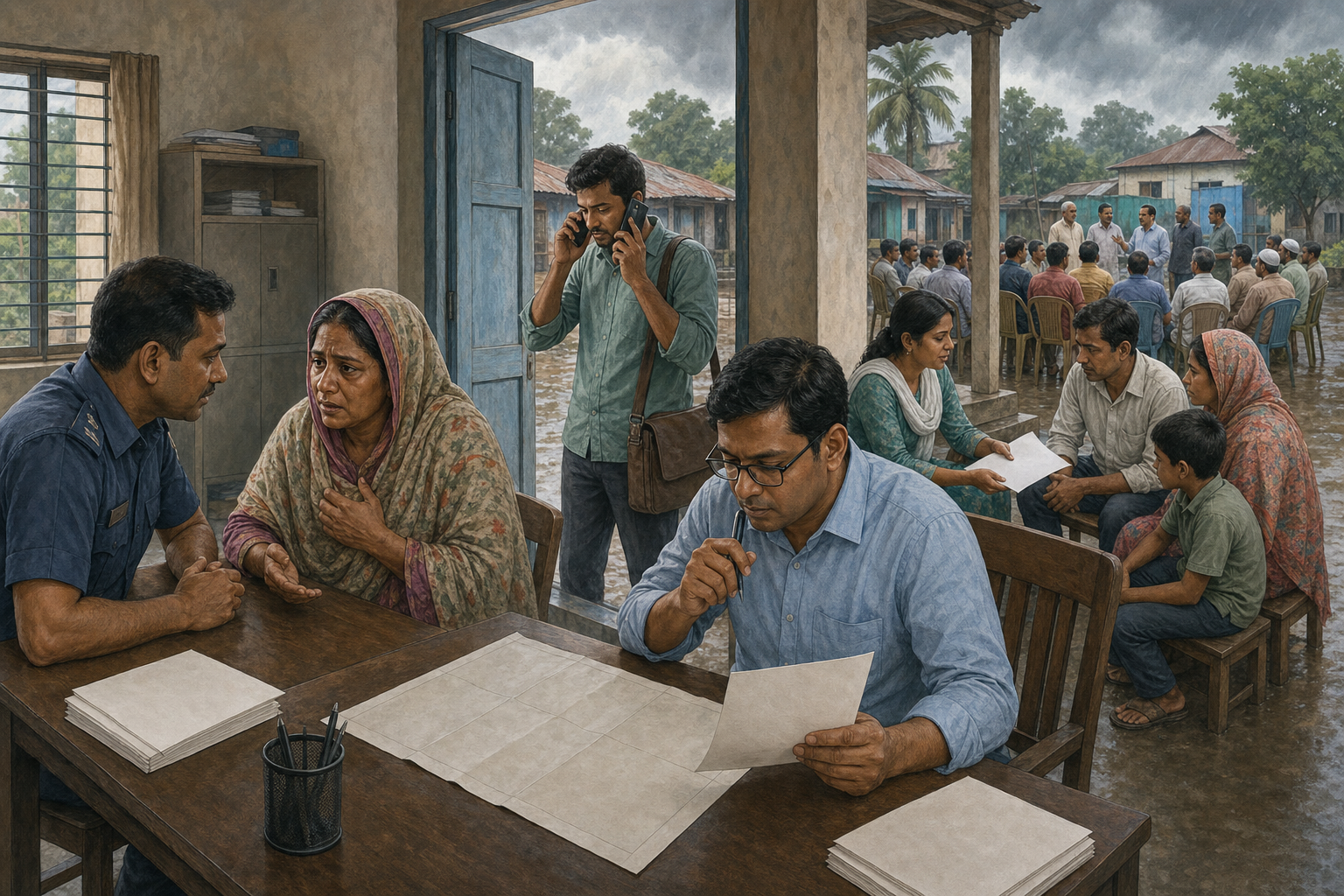 Police, civil officials, a journalist, a legal aid worker, and community leaders carry out separate response tasks at a Bangladeshi municipal office.