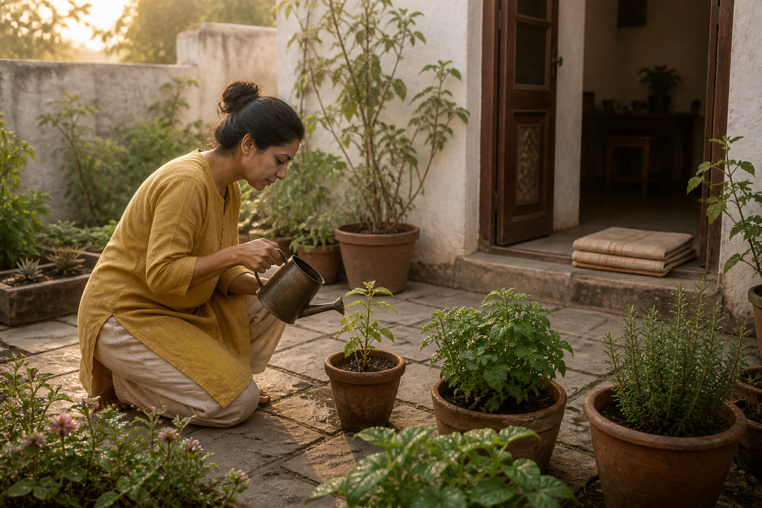 An adult waters a young herb plant in a dawn courtyard garden beside a folded meditation cushion and mature plants.
