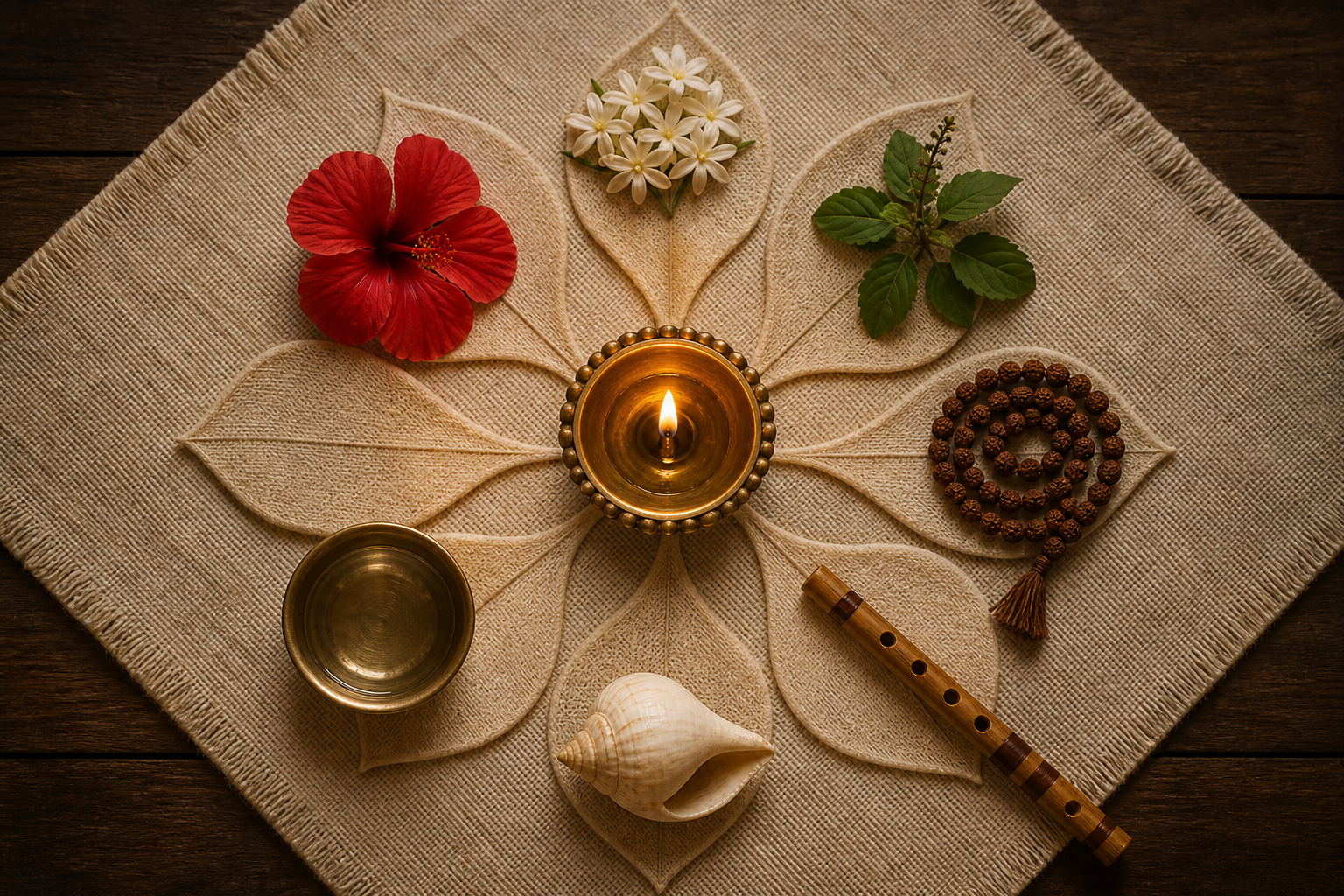 A central brass oil lamp is surrounded by flowers, prayer beads, a flute, a conch, and other devotional offerings arranged like a lotus.