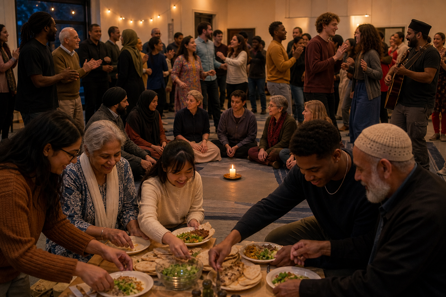 Volunteers prepare food, guests reflect in a candlelit circle, and community members celebrate together in one welcoming hall.