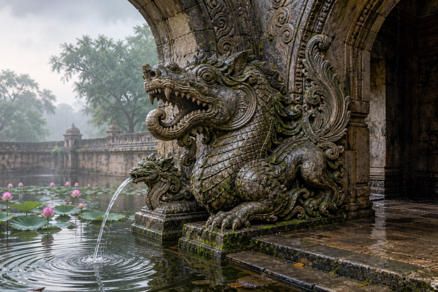 A composite Makara with crocodilian jaws, a curling snout, fish scales, animal limbs, and a leafy aquatic tail is carved into a wet stone temple threshold above a lotus basin.