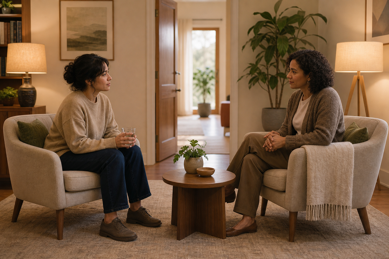 An adult holding a glass of water speaks with a mental health professional in a warm private room with an open doorway.