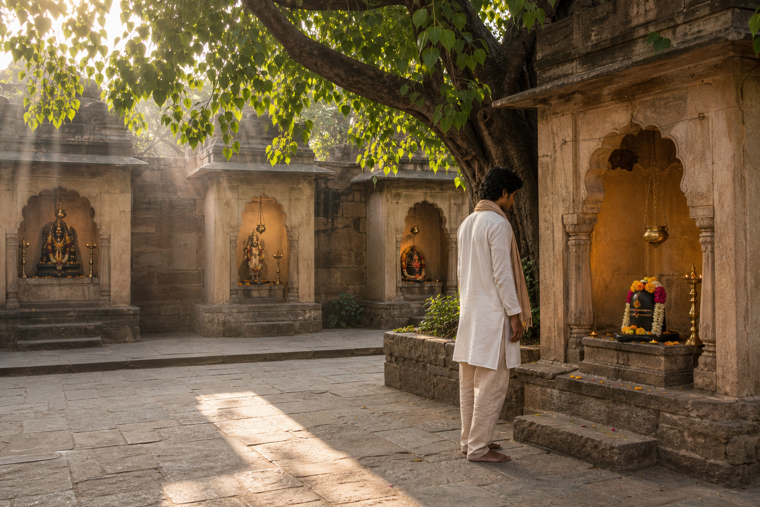 A seeker pauses before one flower-decorated shrine while several other illuminated shrine alcoves remain visible in a temple courtyard.