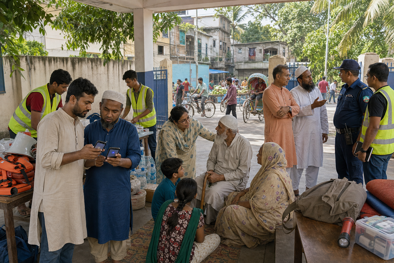Residents, teachers, religious community figures, and public-safety representatives practice a neighborhood safety plan in a Bangladeshi school courtyard.
