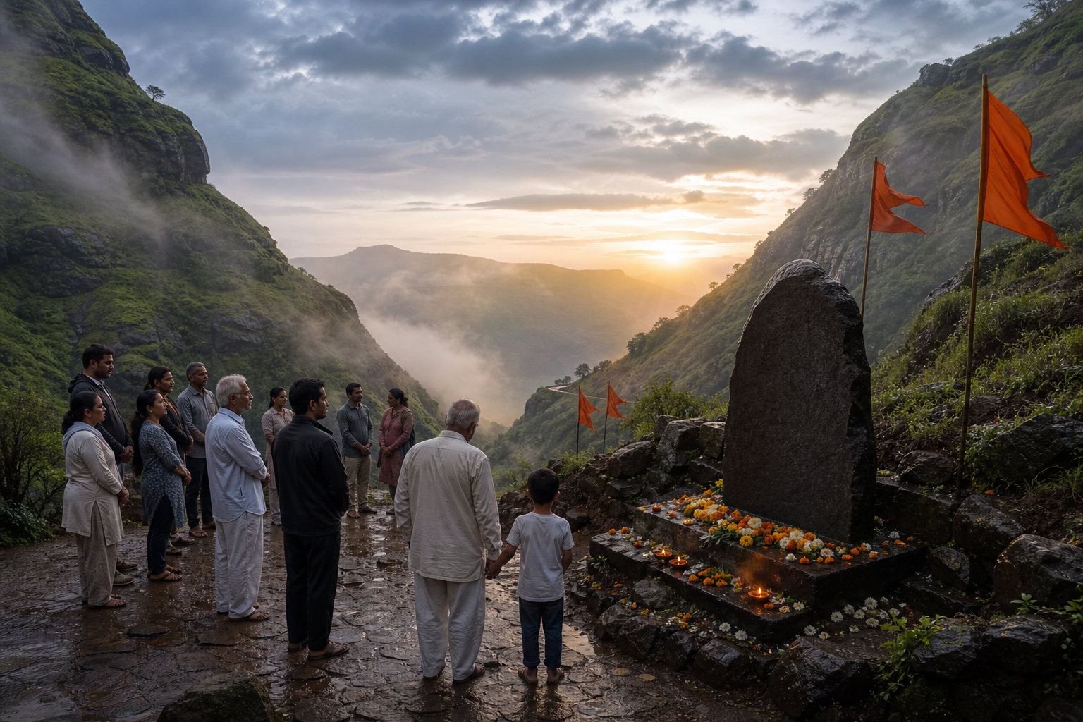 People of different generations stand quietly around a flower-adorned stone memorial in the misty mountain pass at Pawankhind.