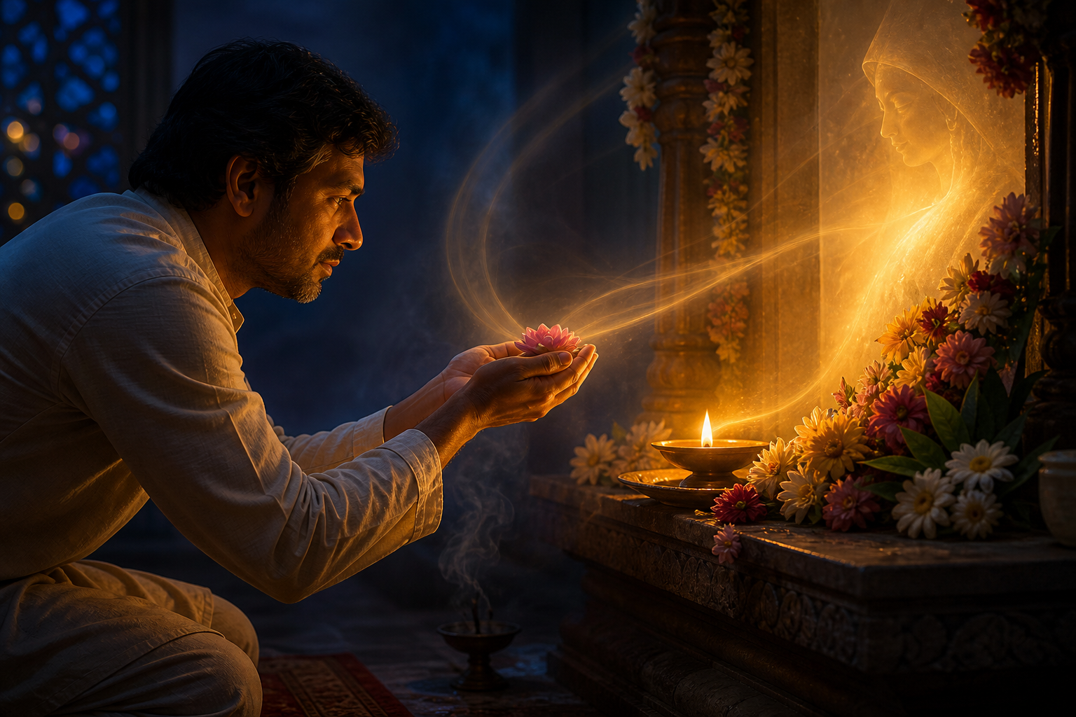 A kneeling devotee offers a flower at a softly glowing shrine as warm light falls back across the devotee's face and hands.