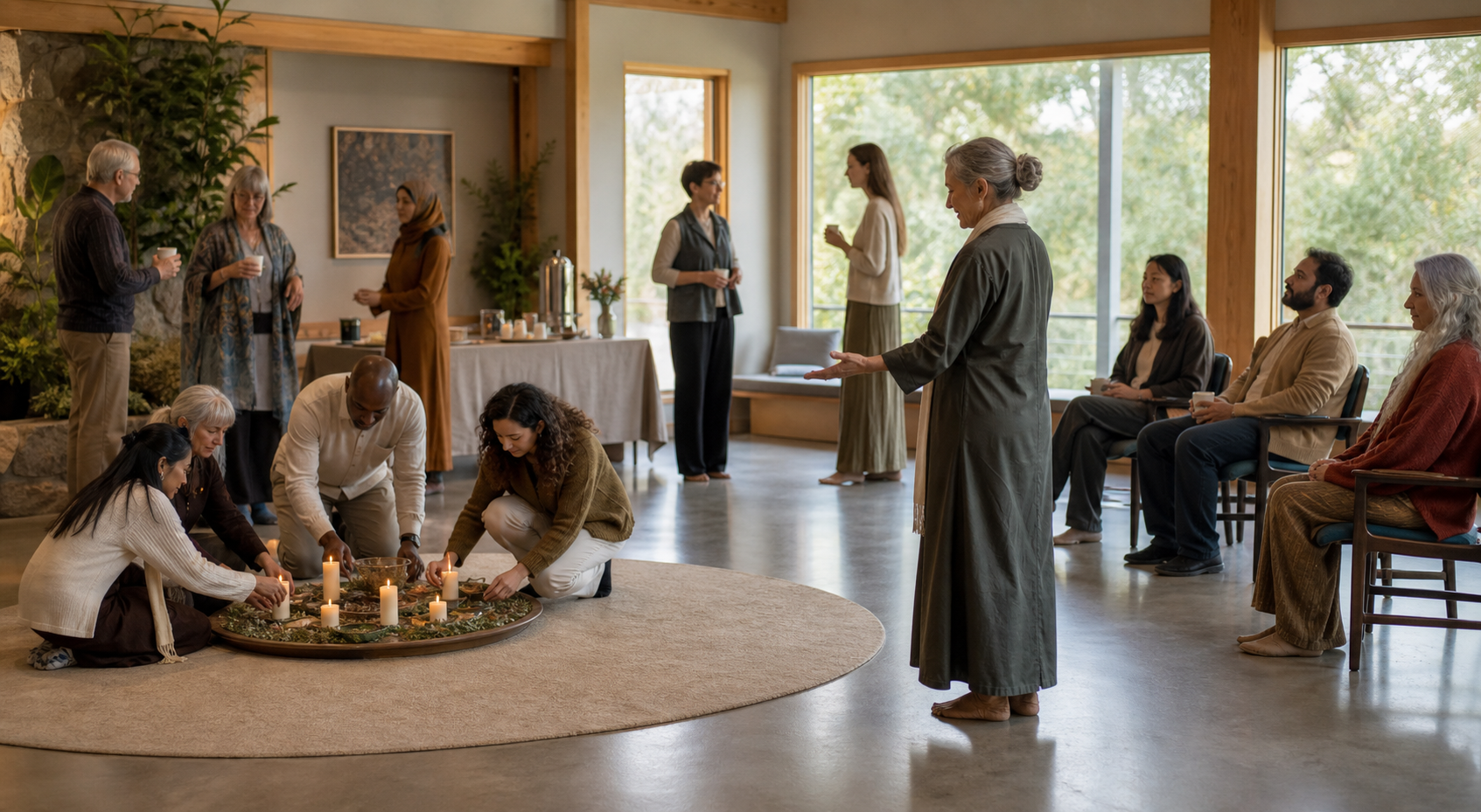 Some guests join a candle-lighting circle while others comfortably observe or talk nearby in the same community venue.