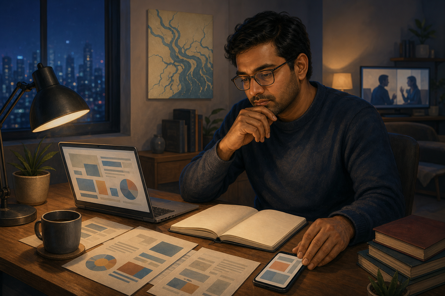 A South Asian reader at a nighttime desk compares reports on a laptop and phone before deciding whether to share information.