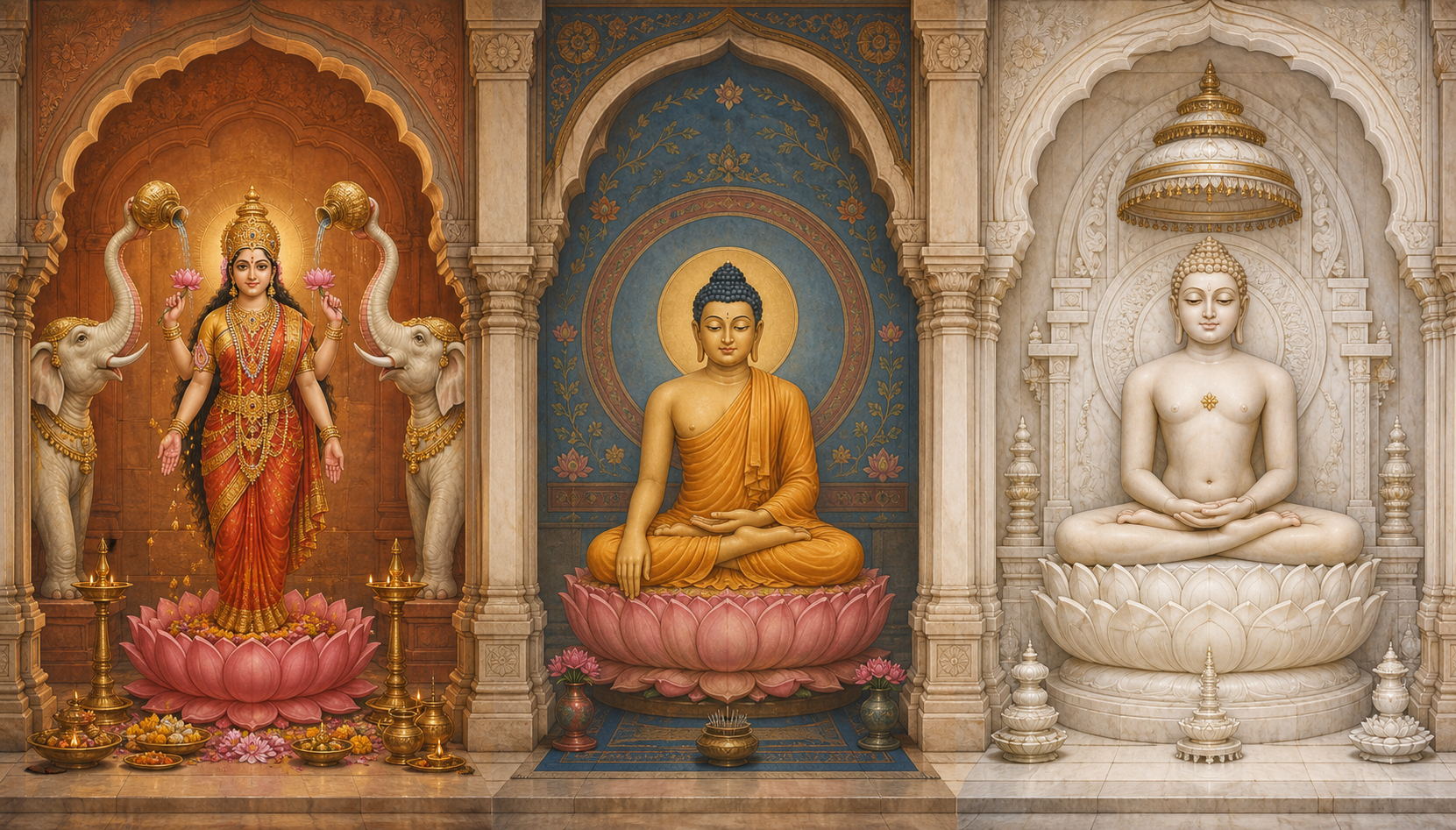 Three separate sacred alcoves show Gajalakshmi with elephants, a seated Buddha touching the earth, and a meditating Jain Tirthankara, each associated with a lotus in a distinct setting.