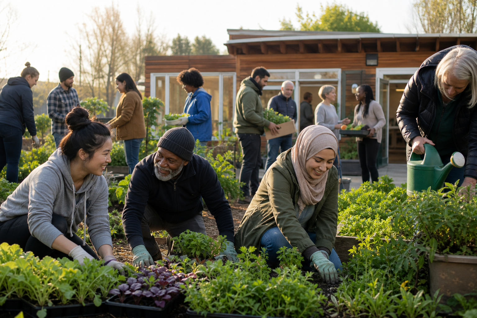 Neighbors from varied backgrounds garden and sort food donations together outside a community building.