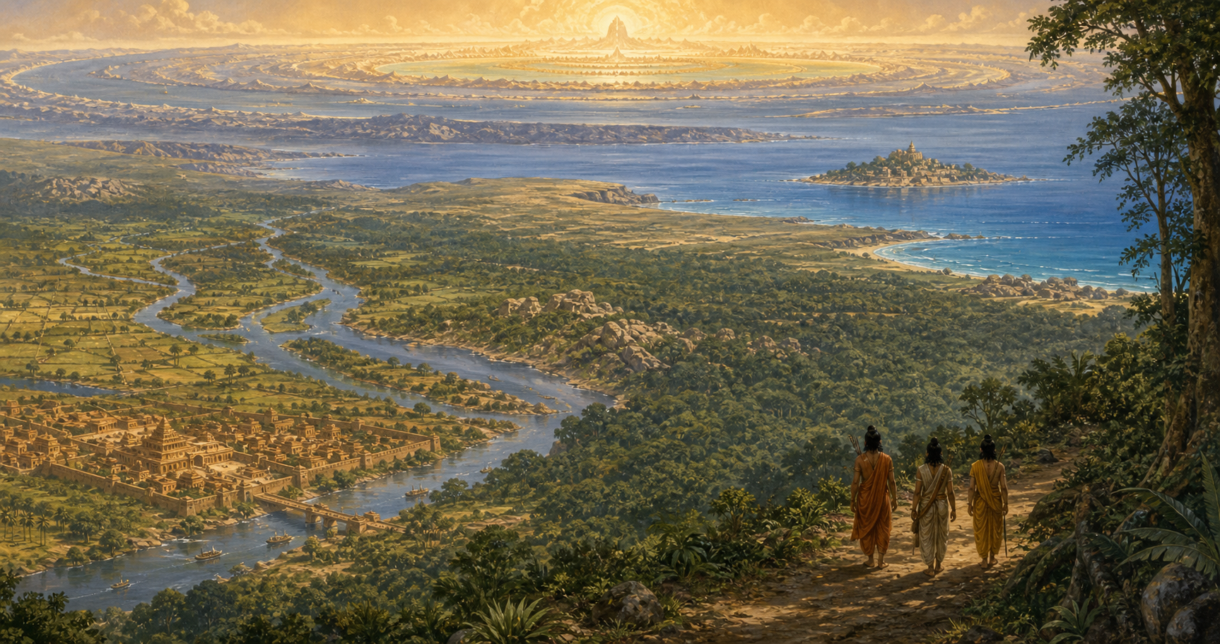 An imagined ancient landscape stretches from a river city through forests and mountains to a southern sea and distant island, with three travelers following a path as the horizon expands into cosmic terrain.