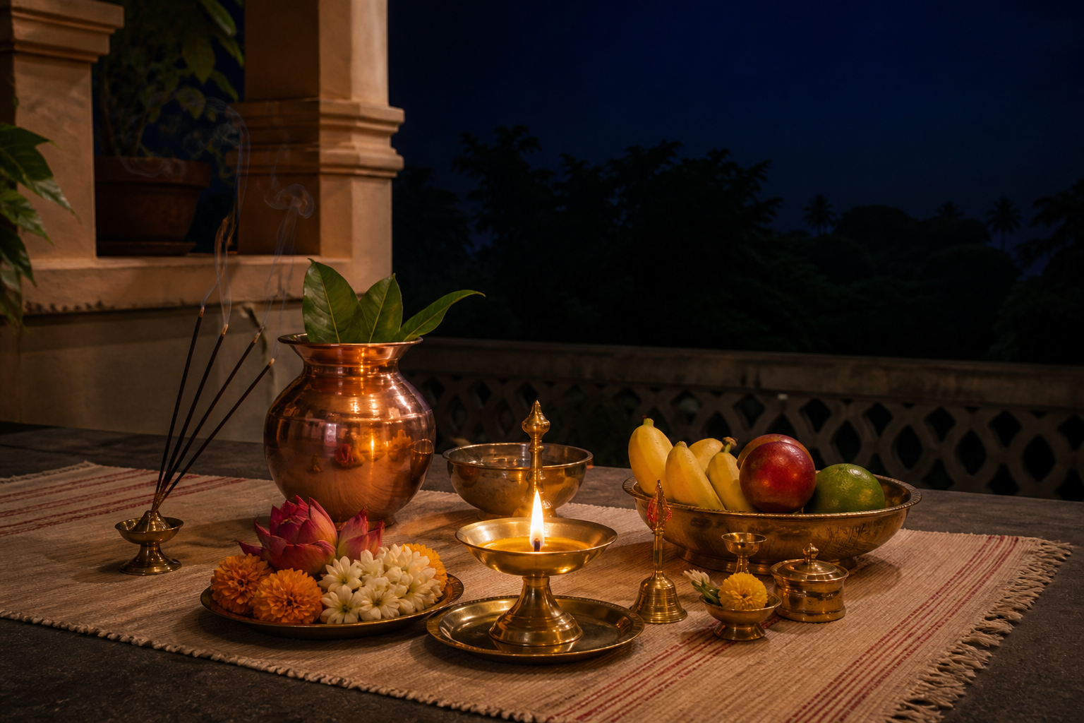 A brass oil lamp, copper vessel, flowers, fruit, and other puja items arranged on a veranda beneath a dark moonless sky.