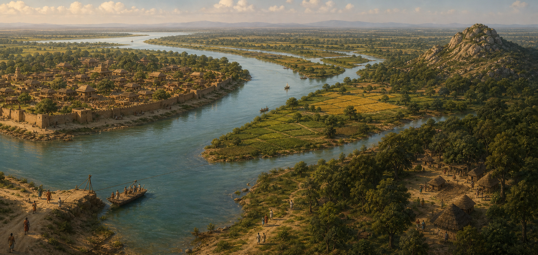 A river, fortified city, fields, ferry crossing, wooded hermitage, and rocky hill form an interconnected ancient landscape without political borders.