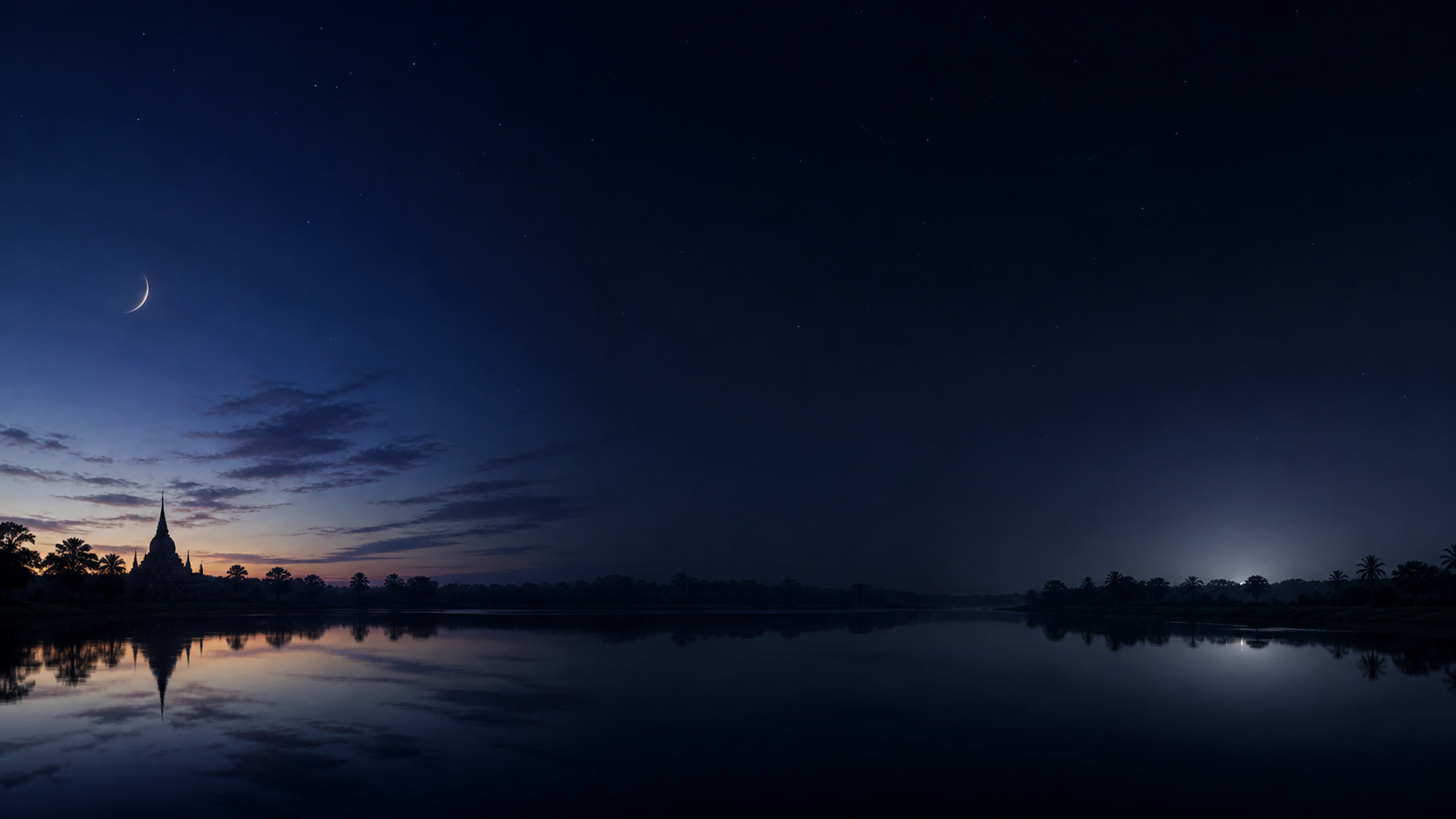 A continuous night landscape moves from a thin waning crescent through a moonless sky to the subtle beginning of a waxing lunar cycle.