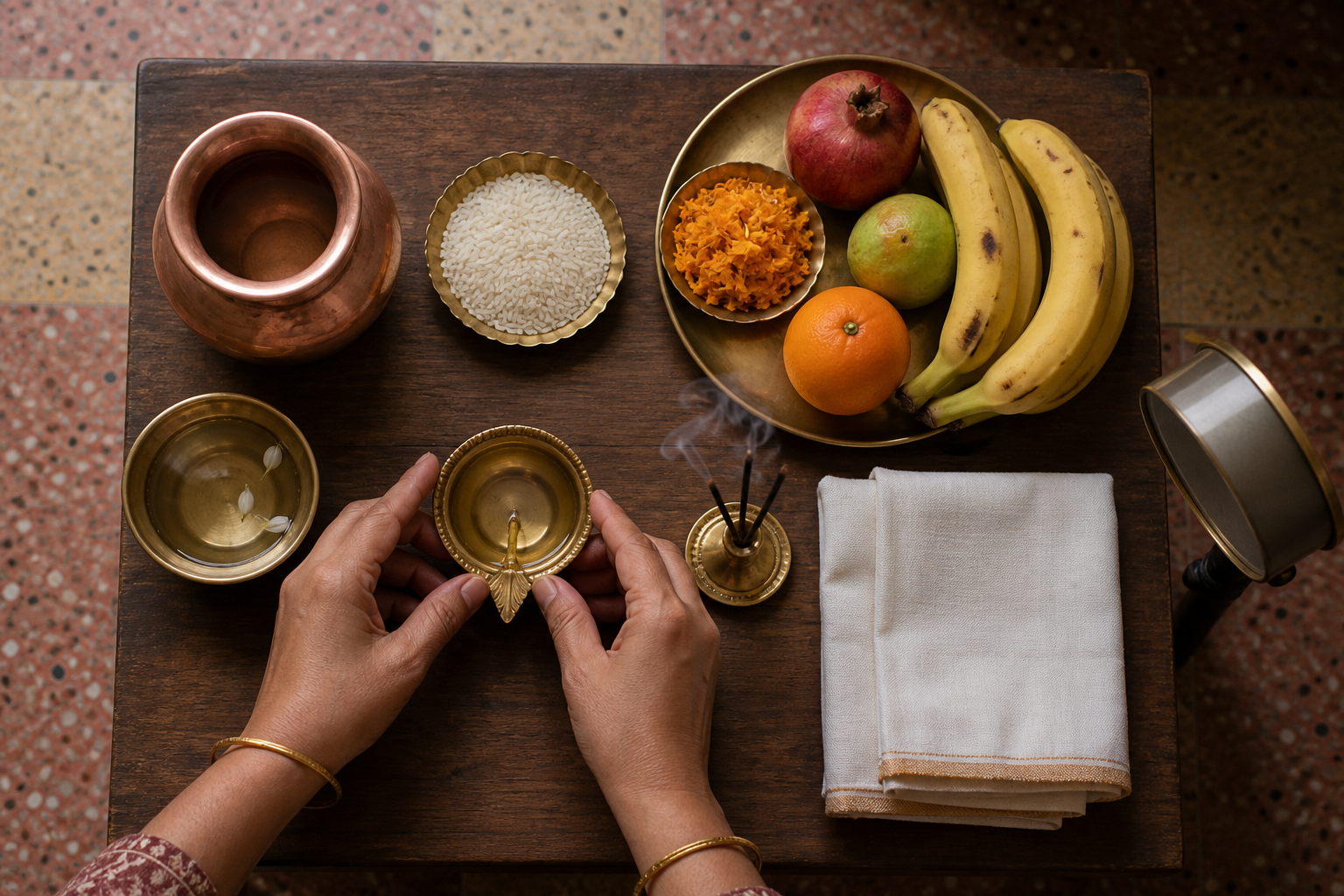 Two hands arrange a lamp, copper vessel, rice, fruit, flowers, incense, and cloth in preparation for a Hindu household observance.